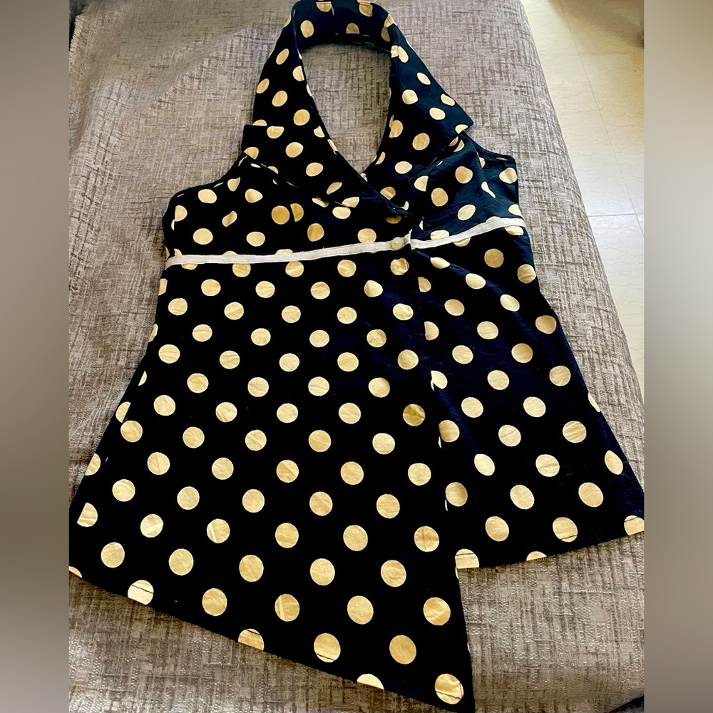 Black & off white polka dot backless halter top in pure cotton material size S - Picture 3 of 9